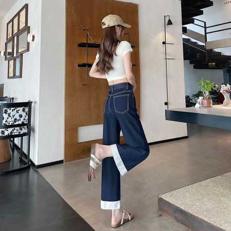 BY10589# 撞色拼接设计丹宁蓝直筒牛仔裤女春夏季薄款高腰显瘦小个子阔腿裤 服裝批發女裝批發服飾貨源