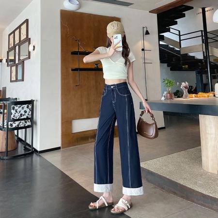 BY10589# 撞色拼接设计丹宁蓝直筒牛仔裤女春夏季薄款高腰显瘦小个子阔腿裤 服裝批發女裝批發服飾貨源