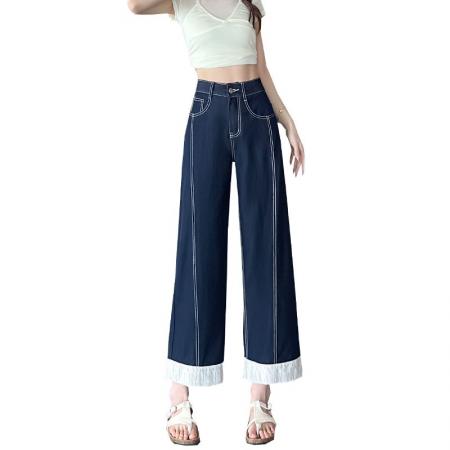 BY10589# 撞色拼接设计丹宁蓝直筒牛仔裤女春夏季薄款高腰显瘦小个子阔腿裤 服裝批發女裝批發服飾貨源