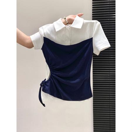 BY10592# 假两件polo领短袖T恤女夏季新款侧边抽绳收腰显瘦百搭上衣 服裝批發女裝批發服飾貨源