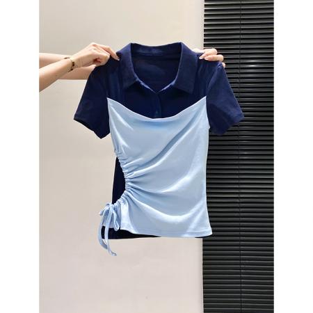 BY10592# 假两件polo领短袖T恤女夏季新款侧边抽绳收腰显瘦百搭上衣 服裝批發女裝批發服飾貨源