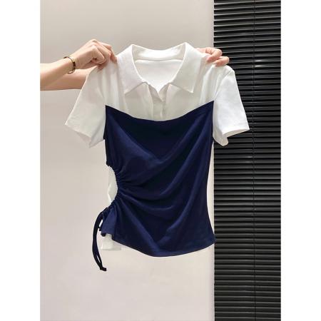 BY10592# 假两件polo领短袖T恤女夏季新款侧边抽绳收腰显瘦百搭上衣 服裝批發女裝批發服飾貨源