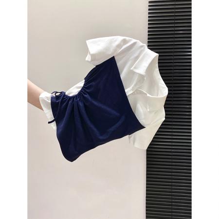 BY10592# 假两件polo领短袖T恤女夏季新款侧边抽绳收腰显瘦百搭上衣 服裝批發女裝批發服飾貨源