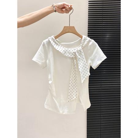 BY10593# 波点系带圆领短袖t恤衫女夏季新款甜美修身显瘦时尚洋气上衣 服裝批發女裝批發服飾貨源