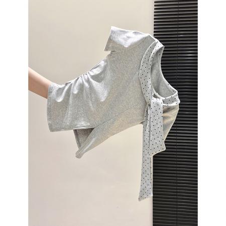 BY10593# 波点系带圆领短袖t恤衫女夏季新款甜美修身显瘦时尚洋气上衣 服裝批發女裝批發服飾貨源