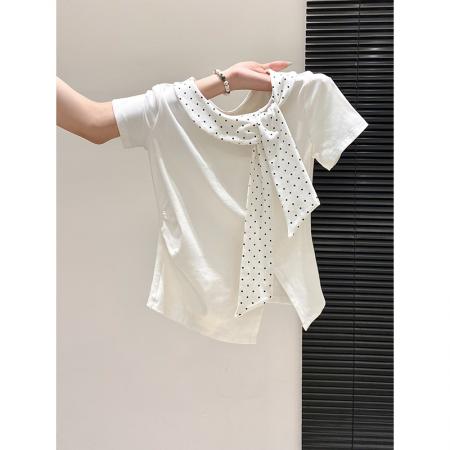 BY10593# 波点系带圆领短袖t恤衫女夏季新款甜美修身显瘦时尚洋气上衣 服裝批發女裝批發服飾貨源