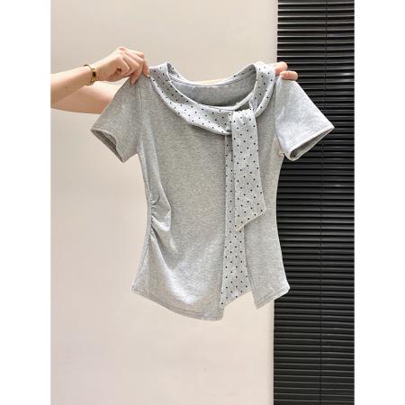 BY10593# 波点系带圆领短袖t恤衫女夏季新款甜美修身显瘦时尚洋气上衣 服裝批發女裝批發服飾貨源