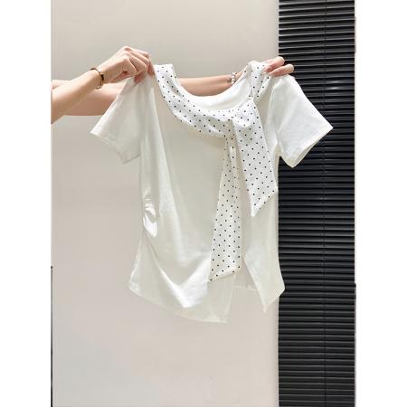 BY10593# 波点系带圆领短袖t恤衫女夏季新款甜美修身显瘦时尚洋气上衣 服裝批發女裝批發服飾貨源