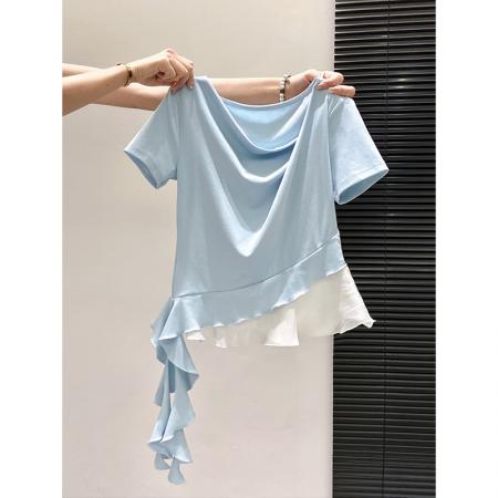 BY10594# 纯色荡领短袖t恤女夏季新款甜美风假两件设计感显瘦气质上衣 服裝批發女裝批發服飾貨源