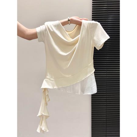 BY10594# 纯色荡领短袖t恤女夏季新款甜美风假两件设计感显瘦气质上衣 服裝批發女裝批發服飾貨源