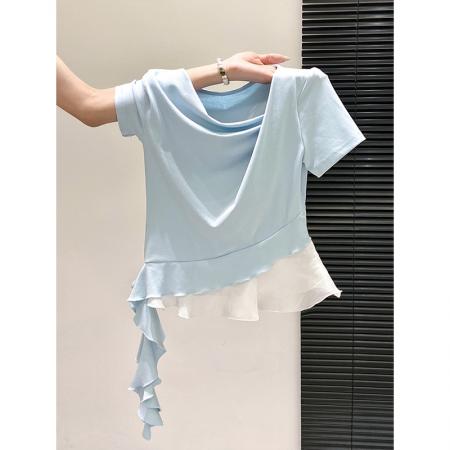 BY10594# 纯色荡领短袖t恤女夏季新款甜美风假两件设计感显瘦气质上衣 服裝批發女裝批發服飾貨源