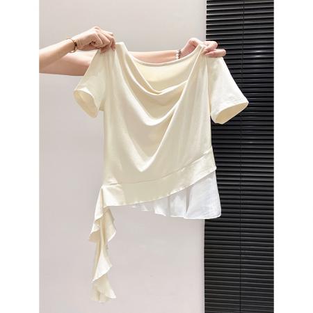 BY10594# 纯色荡领短袖t恤女夏季新款甜美风假两件设计感显瘦气质上衣 服裝批發女裝批發服飾貨源