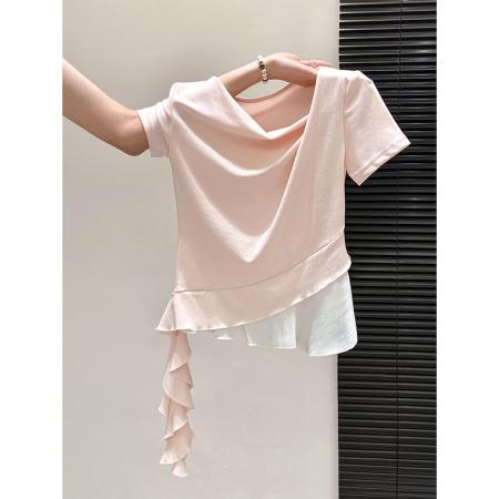BY10594# 纯色荡领短袖t恤女夏季新款甜美风假两件设计感显瘦气质上衣 服裝批發女裝批發服飾貨源