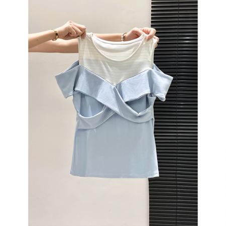 BY10595# 别致露肩短袖t恤衫女夏季新款荷叶边设计感遮肉显瘦百搭上衣 服裝批發女裝批發服飾貨源