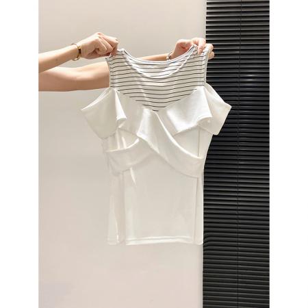 BY10595# 别致露肩短袖t恤衫女夏季新款荷叶边设计感遮肉显瘦百搭上衣 服裝批發女裝批發服飾貨源