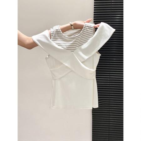 BY10595# 别致露肩短袖t恤衫女夏季新款荷叶边设计感遮肉显瘦百搭上衣 服裝批發女裝批發服飾貨源
