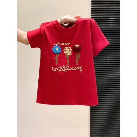 BY10596# 白色花朵刺绣短袖t恤女夏季新款修身显瘦短款内搭打底上衣 服裝批發女裝批發服飾貨源