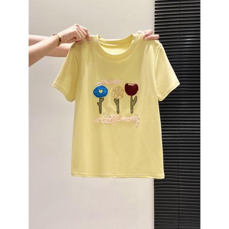 BY10596# 白色花朵刺绣短袖t恤女夏季新款修身显瘦短款内搭打底上衣 服裝批發女裝批發服飾貨源