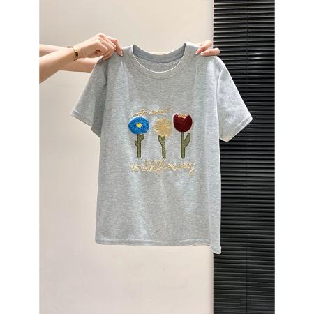 BY10596# 白色花朵刺绣短袖t恤女夏季新款修身显瘦短款内搭打底上衣 服裝批發女裝批發服飾貨源