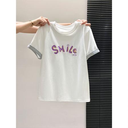 BY10597# 白色字母刺绣短袖t恤女夏季新款修身显瘦短款内搭打底上衣 服裝批發女裝批發服飾貨源
