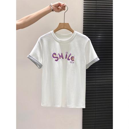 BY10597# 白色字母刺绣短袖t恤女夏季新款修身显瘦短款内搭打底上衣 服裝批發女裝批發服飾貨源