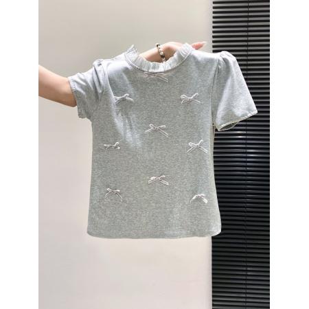 BY10598# 韩系设计感蝴蝶结拼接短袖t恤女新款修身显瘦减龄泡泡袖上衣 服裝批發女裝批發服飾貨源