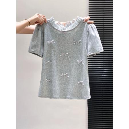 BY10598# 韩系设计感蝴蝶结拼接短袖t恤女新款修身显瘦减龄泡泡袖上衣 服裝批發女裝批發服飾貨源