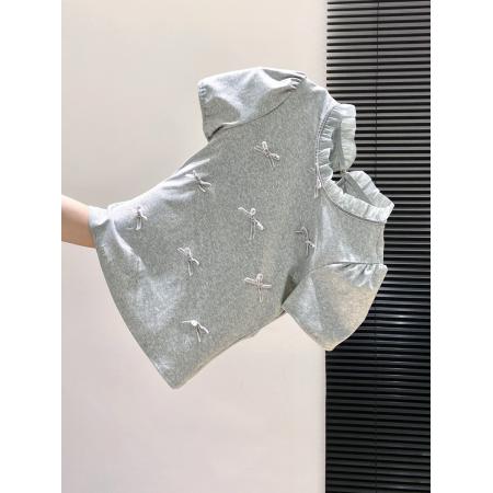 BY10598# 韩系设计感蝴蝶结拼接短袖t恤女新款修身显瘦减龄泡泡袖上衣 服裝批發女裝批發服飾貨源