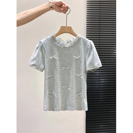 BY10598# 韩系设计感蝴蝶结拼接短袖t恤女新款修身显瘦减龄泡泡袖上衣 服裝批發女裝批發服飾貨源