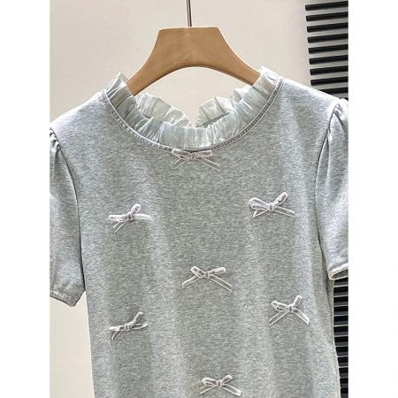 BY10598# 韩系设计感蝴蝶结拼接短袖t恤女新款修身显瘦减龄泡泡袖上衣 服裝批發女裝批發服飾貨源