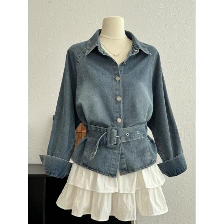BY10599# 复古设计感翻领长袖衬衫牛仔外套女款春季新款宽松系带收腰短上衣 服裝批發女裝批發服飾貨源