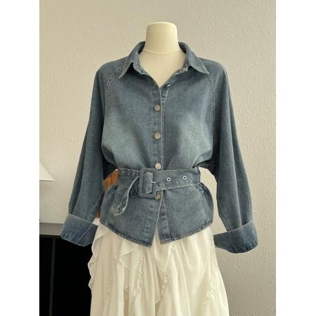 BY10599# 复古设计感翻领长袖衬衫牛仔外套女款春季新款宽松系带收腰短上衣 服裝批發女裝批發服飾貨源