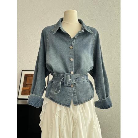 BY10599# 复古设计感翻领长袖衬衫牛仔外套女款春季新款宽松系带收腰短上衣 服裝批發女裝批發服飾貨源