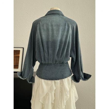 BY10599# 复古设计感翻领长袖衬衫牛仔外套女款春季新款宽松系带收腰短上衣 服裝批發女裝批發服飾貨源