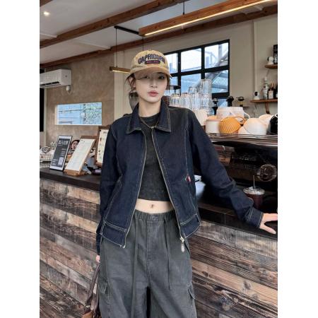 BY10600# XFX美式复古短款拉链休闲牛仔夹克外套女春秋薄款港风运动上衣潮 服裝批發女裝批發服飾貨源
