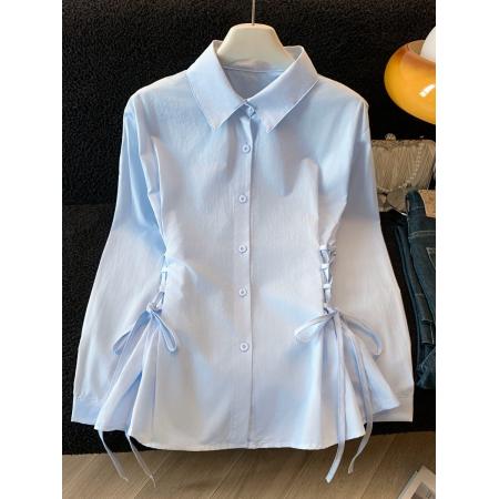 BY10603# 法式复古收腰绑带长袖衬衫女春季新款设计感小众气质翻领衬衣 服裝批發女裝批發服飾貨源