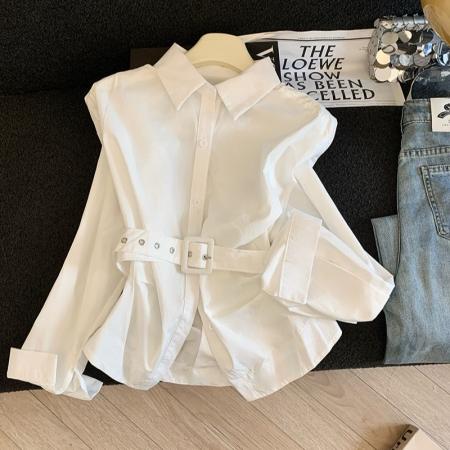 BY10604# 法式气质长袖衬衫女时尚通勤风腰带衬衣春夏新品百搭纯色上衣 服裝批發女裝批發服飾貨源