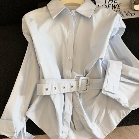 BY10604# 法式气质长袖衬衫女时尚通勤风腰带衬衣春夏新品百搭纯色上衣 服裝批發女裝批發服飾貨源