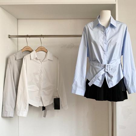 BY10604# 法式气质长袖衬衫女时尚通勤风腰带衬衣春夏新品百搭纯色上衣 服裝批發女裝批發服飾貨源