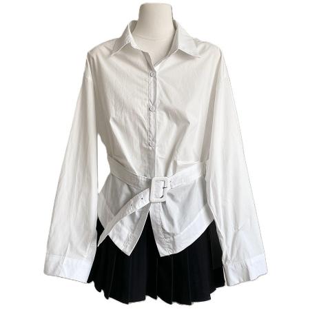 BY10604# 法式气质长袖衬衫女时尚通勤风腰带衬衣春夏新品百搭纯色上衣 服裝批發女裝批發服飾貨源