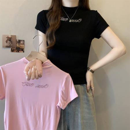 BY10605# 棉短袖T恤女半高领烫钻 服裝批發女裝批發服飾貨源