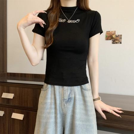 BY10605# 棉短袖T恤女半高领烫钻 服裝批發女裝批發服飾貨源