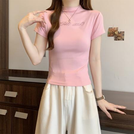BY10605# 棉短袖T恤女半高领烫钻 服裝批發女裝批發服飾貨源