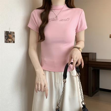 BY10605# 棉短袖T恤女半高领烫钻 服裝批發女裝批發服飾貨源