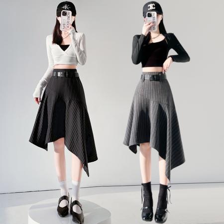 BY10607# 不规则半身裙女中长款新款春季高腰a字条纹半裙显瘦长裙子 服裝批發女裝批發服飾貨源