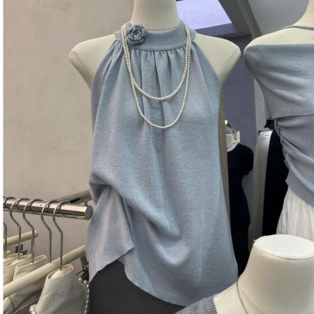 BY10610# 气质高级感无袖挂脖吊带针织背心女夏季设计小众宽松休闲外 服裝批發女裝批發服飾貨源