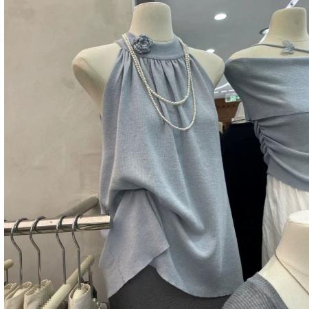 BY10610# 气质高级感无袖挂脖吊带针织背心女夏季设计小众宽松休闲外 服裝批發女裝批發服飾貨源