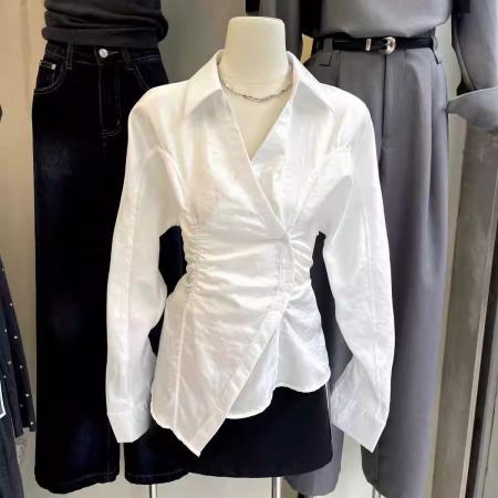 BY10611# 春季韩版新款设计感小众宽松中长款抽绳盐系长袖衬衫上 服裝批發女裝批發服飾貨源