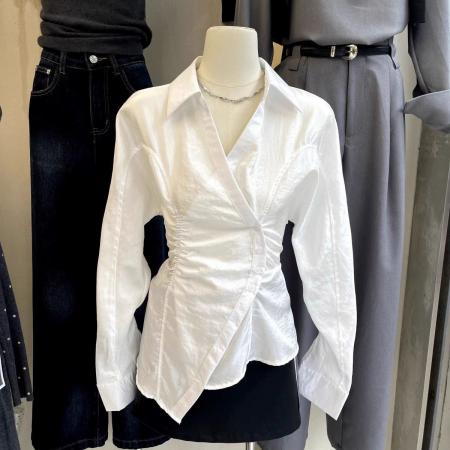 BY10611# 春季韩版新款设计感小众宽松中长款抽绳盐系长袖衬衫上 服裝批發女裝批發服飾貨源