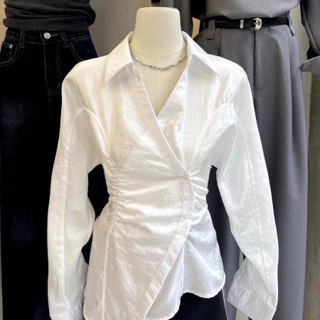 BY10611# 春季韩版新款设计感小众宽松中长款抽绳盐系长袖衬衫上 服裝批發女裝批發服飾貨源